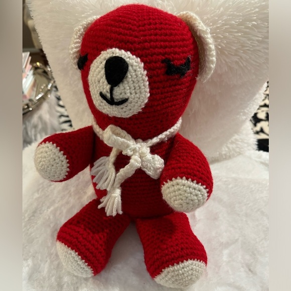 Handmade Crocheted Knit Vintage Red Teddy Bear White Scarf Nursery Decor Baby - Picture 4 of 8